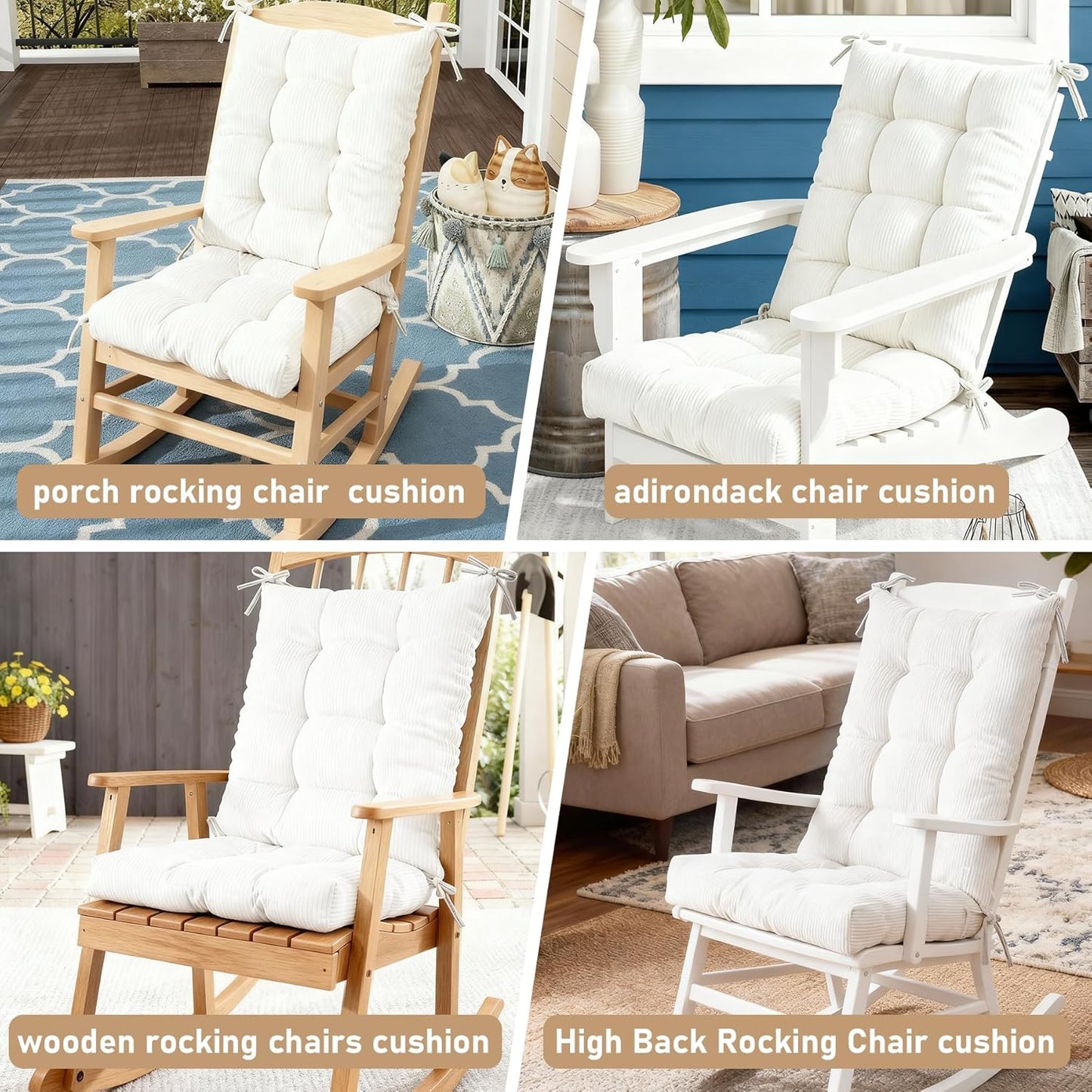 Rocking Chair Cushion with Ties Non-Slip Outdoor Rocking Chair Cushion Set Waterproof Fade-Resistant Porch Garden Patio Glider Rocker Cushions