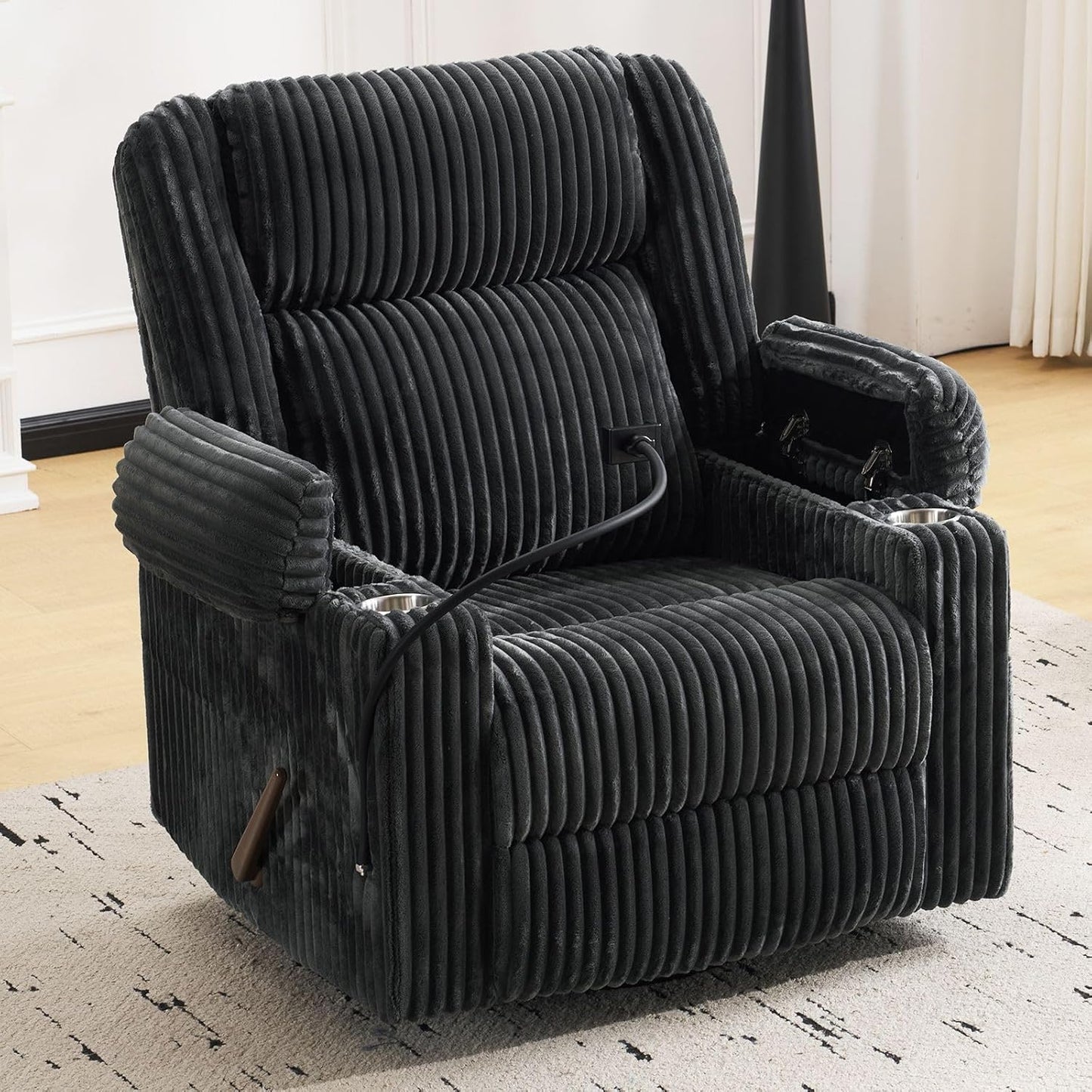 Oversized Power Recliner Chair with Massage and Heat, Swivel Rocker Recliner Chair for Adults with Arm Storage, Nursery Glider Recliner with Adjustable Headrest and Phone Stand, Side Pockets, Beige