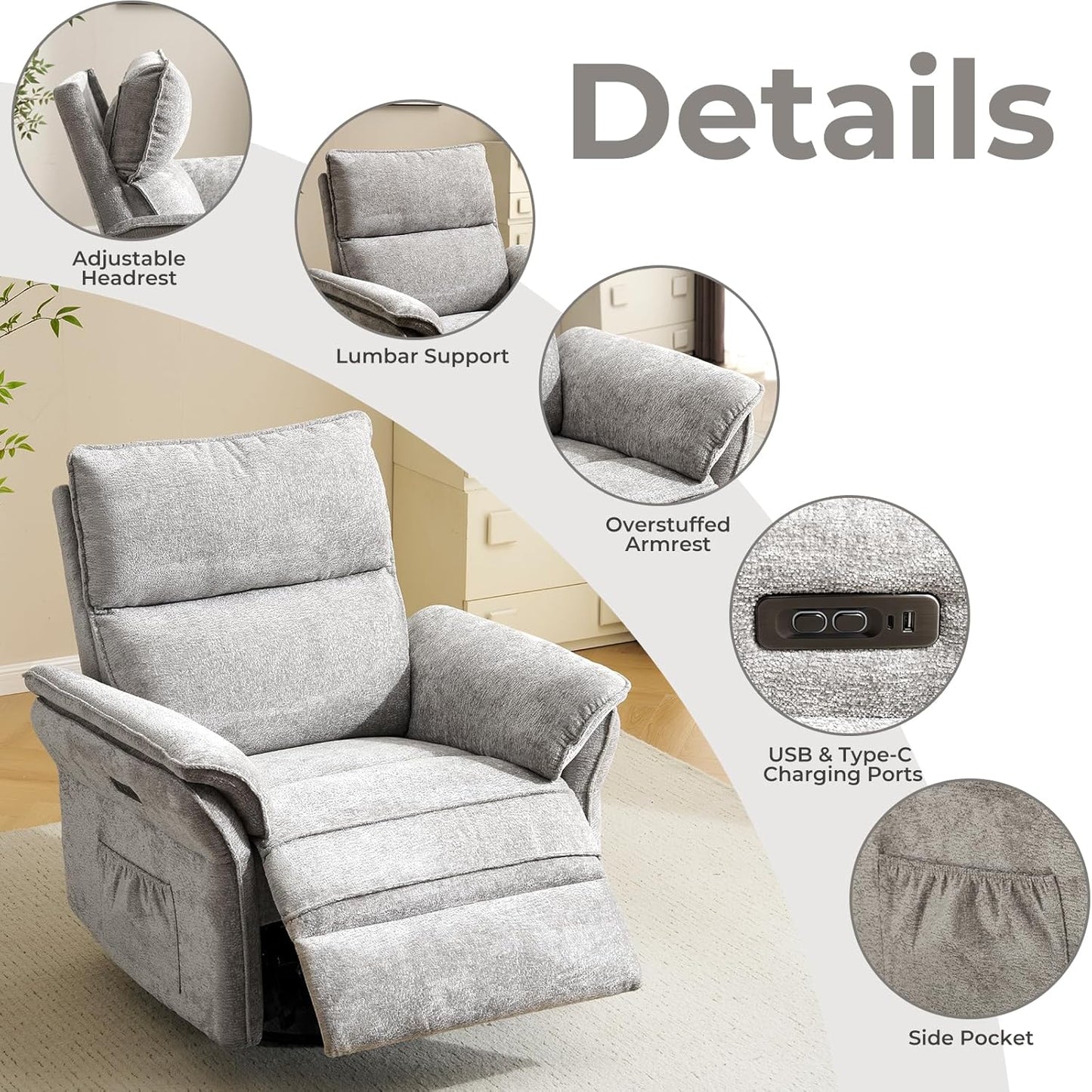 Oversized Glider Rocker Recliner, 26" Extra Wide 360° Swivel Nursery Recliner with Adjustable Headrest, Chenille Rocking Nursery Chair with Overstuffed Armrest, Lumbar Support, Light Grey