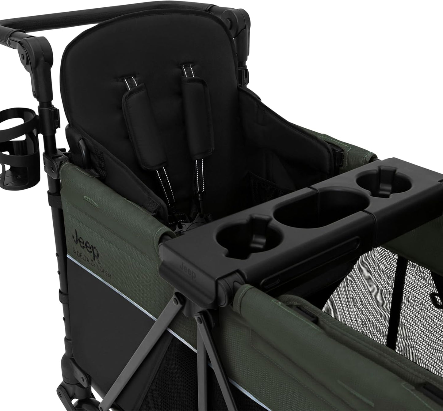 Jeep Aries Stroller Wagon by Delta Children Premium Wagon for 2 Kids with Convertible Seats, Adjustable Push/Pull Handles, Removable Canopy & Flat Fold - Greenguard Gold Certified, Black/Green