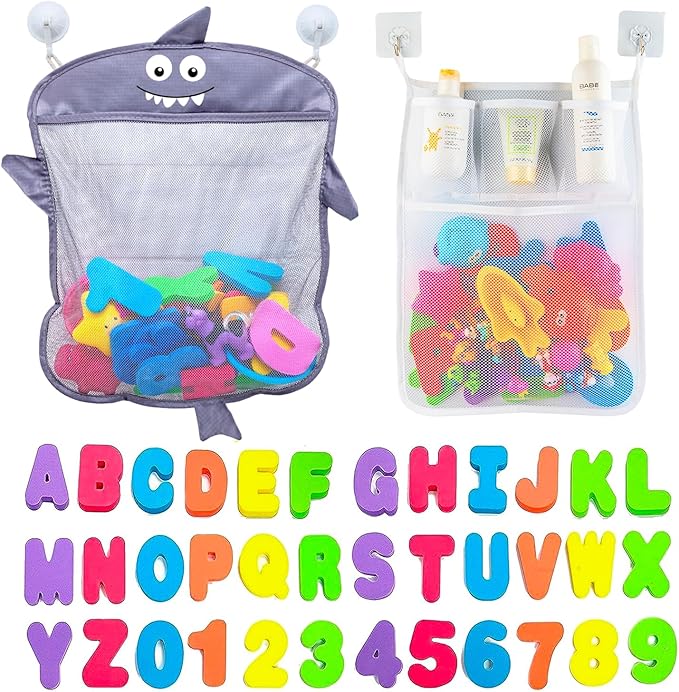 Comfylife Baby Bath Toy Organizer - Shark +36 Bath Letters & Numbers +Extra Bath Toy Storage Net & 10 Strong Hooks, Great Bath Net for Kids, Cute Bathtub Toy Organizer and Bath/Shower Caddy Solution