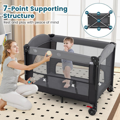 BABY JOY 5-in-1 Pack and Play with Canopy, 4 Level Heights Baby Bedside Sleeper w/Bassinet, U-Shaped Changing Table, Safety Strap, Side Zipper, Portable Bedside Crib Playard from Newborn to Toddlers