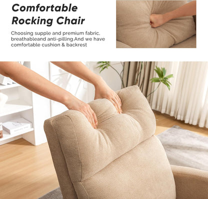 Rocking Chair Nursery, Upholstered Nursing Rocker Chair for Mom with High Backrest and Side Pockets for Bedroom Living Room, Beige
