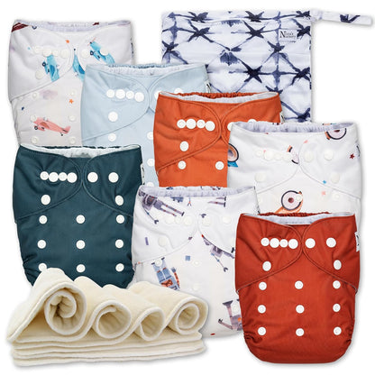 Nora's Nursery Cloth Diapers 7 Pack with 7 Inserts & 1 Wet Bag - Waterproof Cover, Washable, Reusable & One Size Adjustable Pocket Diapers for Newborns and Toddlers - Cali Coastal