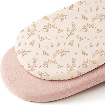 Konssy Muslin Fitted Bassinet Sheets 2 Pack for Baby Girl Boy, Soft Bedside Sleeper Bassinet Sheets Fit for Baby Bassinets, Moses Basket Oval Rectangle Pad/Mattress