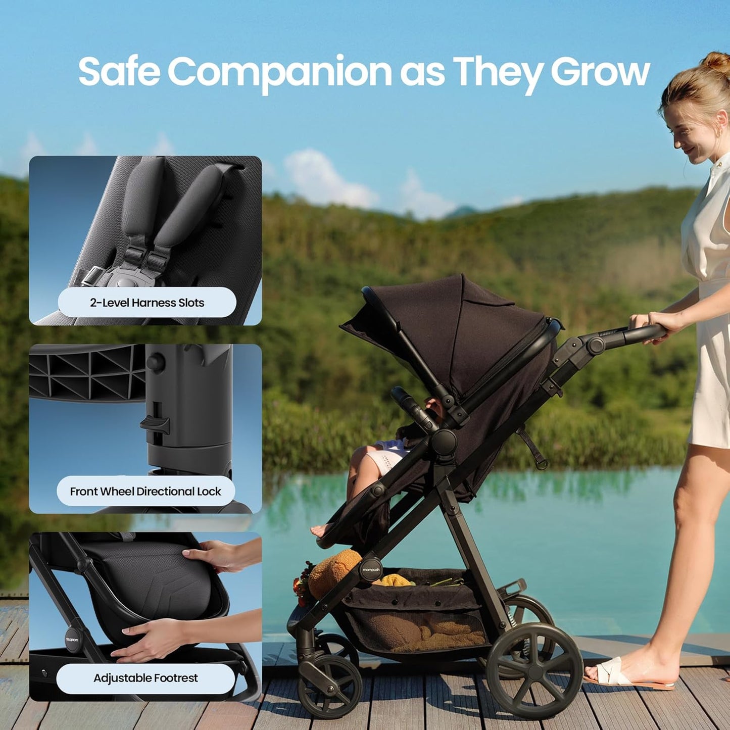 Mompush Meteor2 Baby Stroller 2-in-1 with Newborn Mode, Compatible with Infant Car Seat Adapter Included, Full-Size Bassinet Strollers for Family Outings