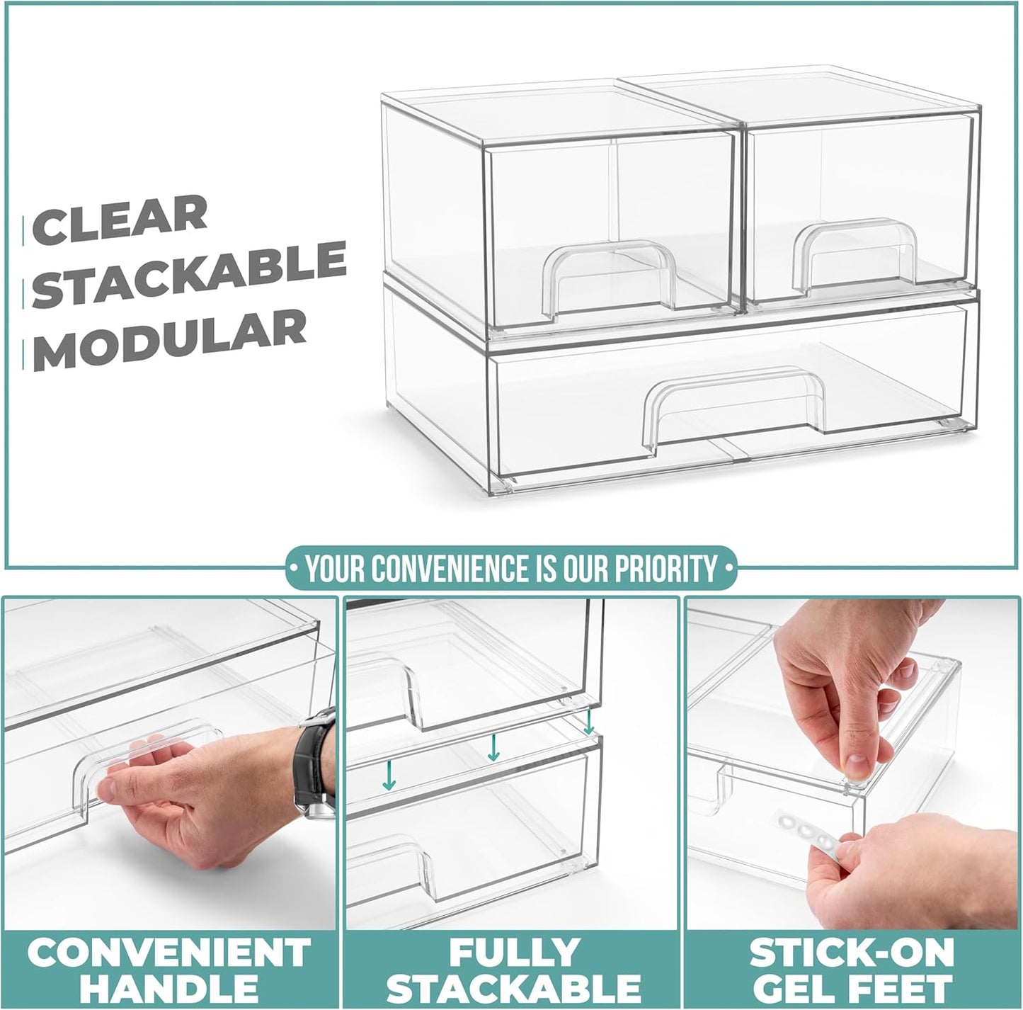 Sorbus Stackable Acrylic Storage Drawers – 2 Small + 2 Tall + 1 Wide – 5 Pack Clear Plastic Organizer Bins for Baby Bottles, Makeup, Bathroom & Vanity, Pull-Out Drawer Design for Kitchen Cabinets
