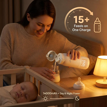 Portable Bottle Warmer for Travel & Night Feeding, Baby Milk Warmer with Built-in Sterilizer, 70 Sec Breast Milk Warming, 2 Min Formula Water Heating, 14,000mAh Battery, 15+ Feeds, 17 oz Capacity