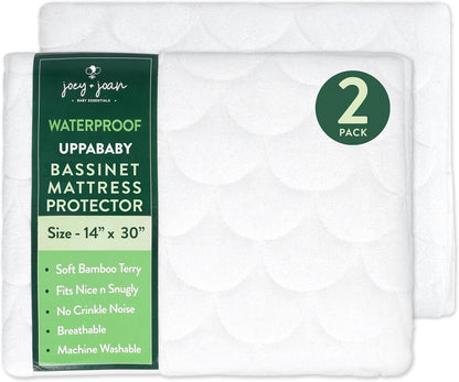 Joey + Joan Waterproof Bassinet Mattress Pad Cover 19" x 32" for Cowiewie Bedside Sleeper Bassinet Sheets – Made from Ultra Soft Bamboo Viscose Terry – 2 Pack