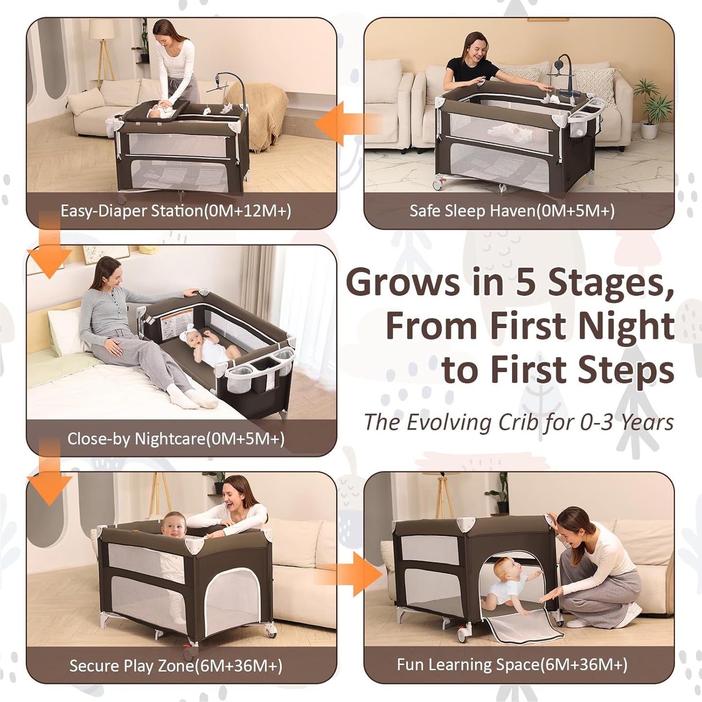 5-in-1 Baby Bassinet Bedside Sleeper, Foldable Pack and Play,One-Push Bedside Crib with Playard, Includes Mattress, Changing Table, Mosquito Net, Music Toy & Storage for Newborn to Toddler (Dark Grey)