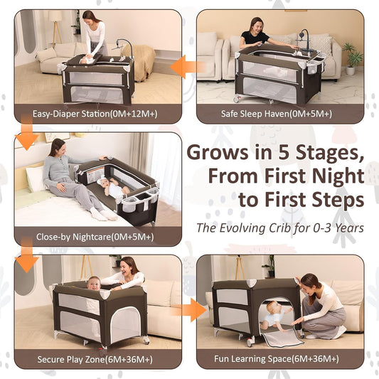 5-in-1 Baby Bassinet Bedside Sleeper, Foldable Pack and Play,One-Push Bedside Crib with Playard, Includes Mattress, Changing Table, Mosquito Net, Music Toy & Storage for Newborn to Toddler (Dark Grey)