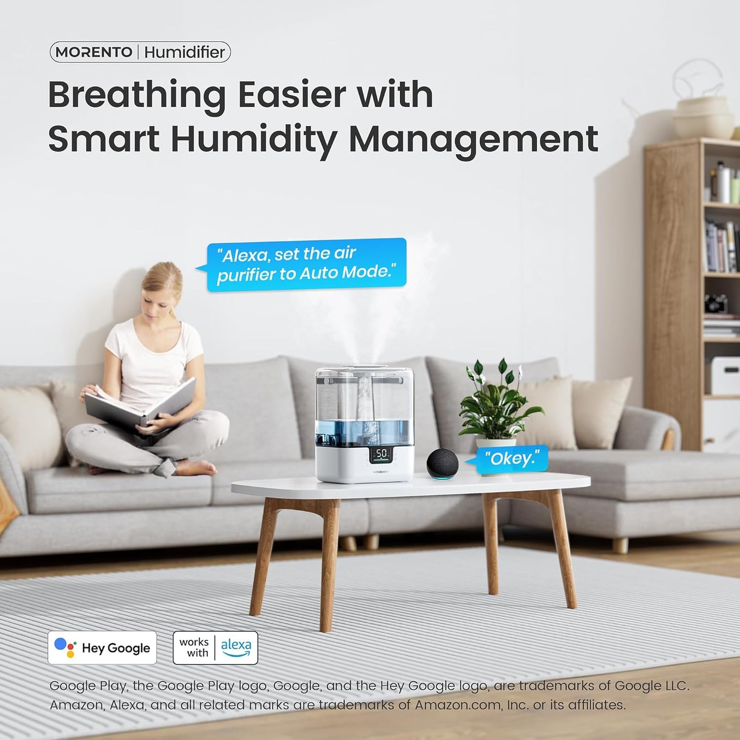 MERONTE Smart Humidifiers for Bedroom Large Room Home, 6L Cool Mist Top Fill Humidifier with Essential Oil Diffuser, Smart App & Voice Control, for Nursery & Plants, Black, 1 Pack + 7 Color NightLight