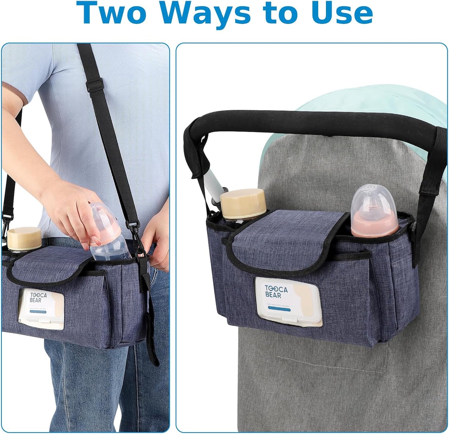 Accmor Universal Stroller Organizer with Insulated Cup Holder and Shoulder Strap, Stroller Caddy Bag Stroller Cup Holder Attachment for Uppababy, Baby Jogger, Britax Strollers, Black