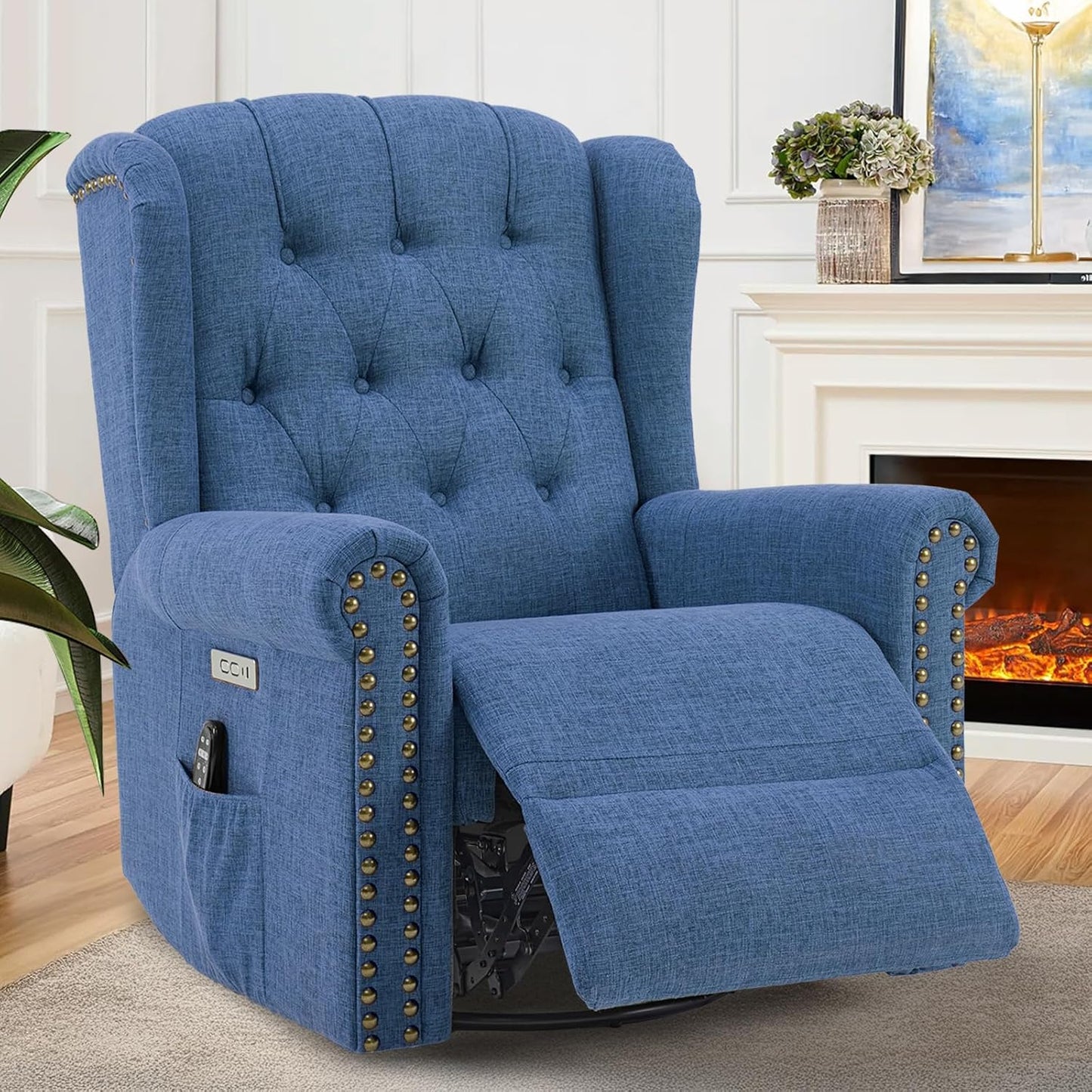 VIVIJASON Power Swivel Rocking Recliner Chair with Massage & Heat, Electric Rocker Nursery Glider Chair, Wingback Tufted Upholstered Recliner W/Type-C & USB Ports for Living Room, Bedroom, Beige