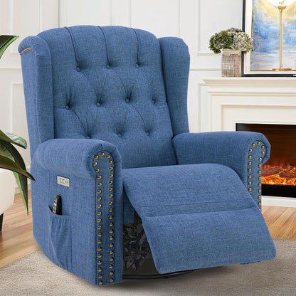 VIVIJASON Power Swivel Rocking Recliner Chair with Massage & Heat, Electric Rocker Nursery Glider Chair, Wingback Tufted Upholstered Recliner W/Type-C & USB Ports for Living Room, Bedroom, Beige