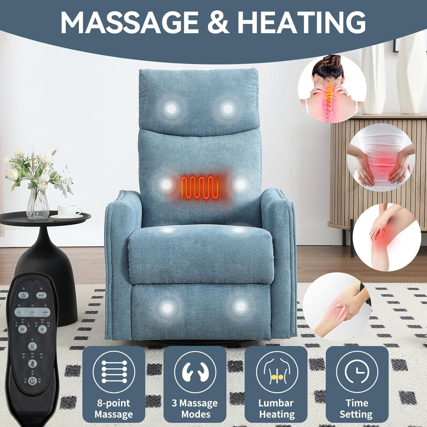 Swivel Rocker Recliner Chair for Adults, Nursery Rocking Chair with Heat and Massage, Glider Reclining Chair for Small Space Living Room Bedroom, Faux Leather Black