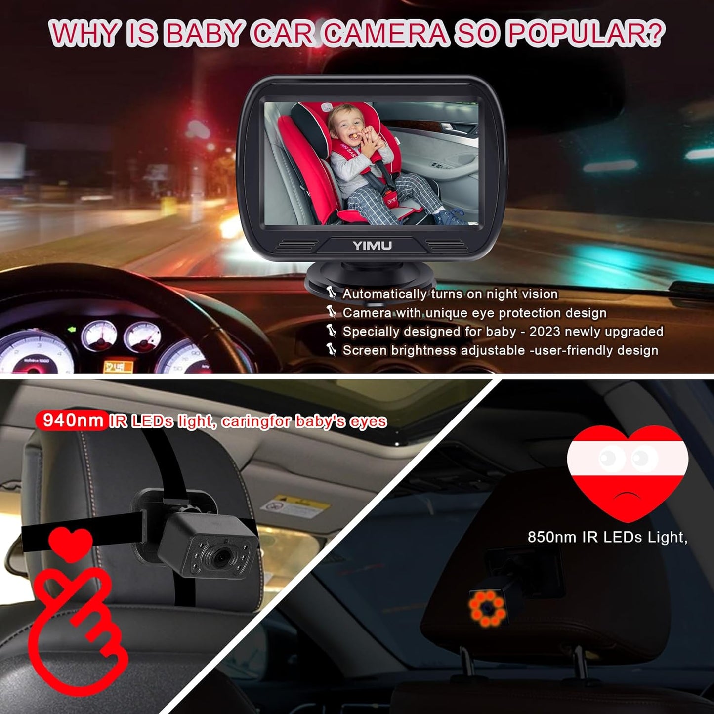 YIMU HD720P Rear Seat Baby Car Camera for Backseat, Car Headrest Quick-Install Monitor, Night Vision, 360° Rotatable car Camera for Baby with 4.3 inch car Baby Monitor (KB41)