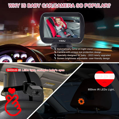 YIMU HD720P Rear Seat Baby Car Camera for Backseat, Car Headrest Quick-Install Monitor, Night Vision, 360° Rotatable car Camera for Baby with 4.3 inch car Baby Monitor (KB41)