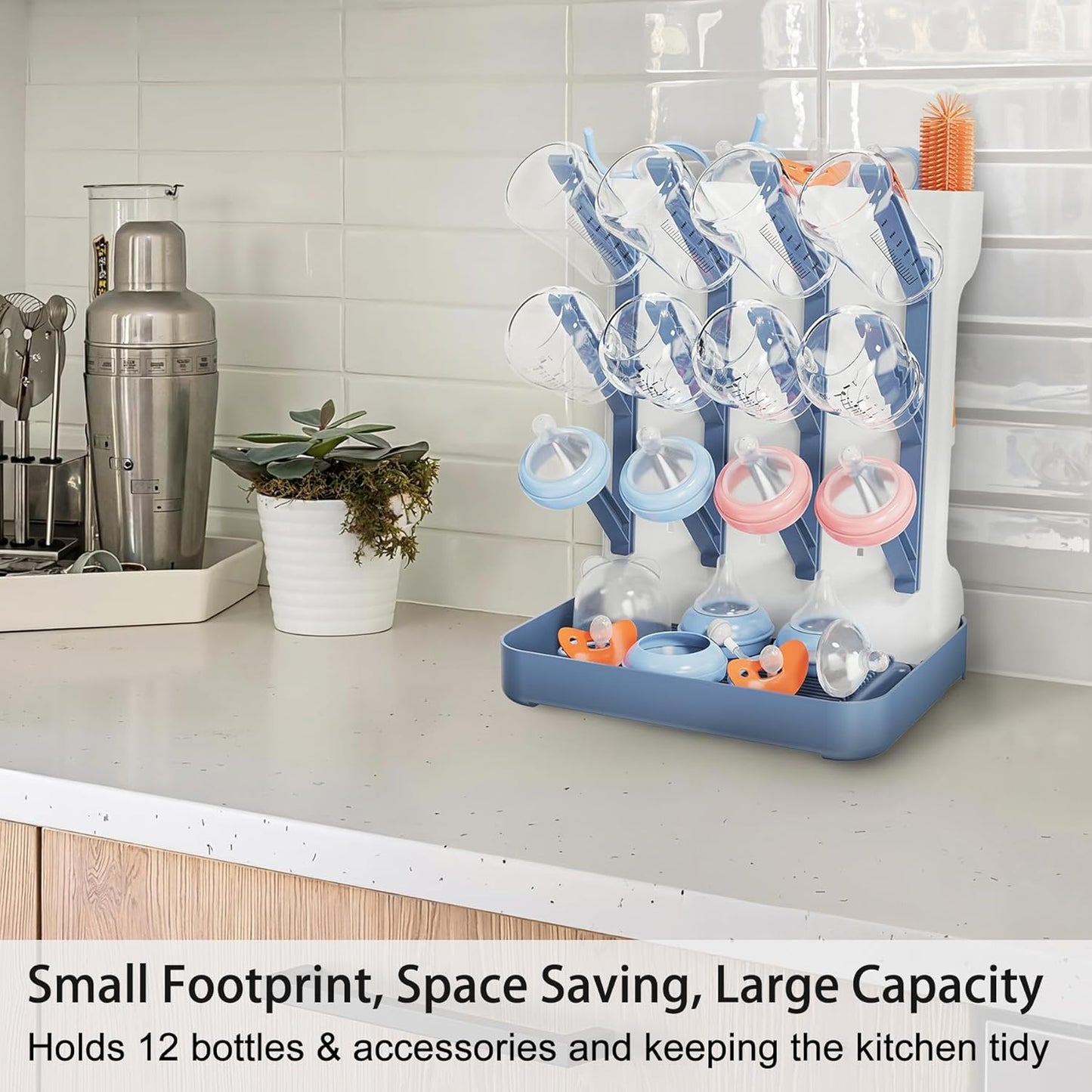 Baby Bottle Drying Rack, Vertical Bottle Rack Dryer Space Saving Bottle Drying Rack Countertop Organizer with Brush Holder for Bottles & Baby Accessories Pacifiers and Pump Part- BPA-Free(Blue)