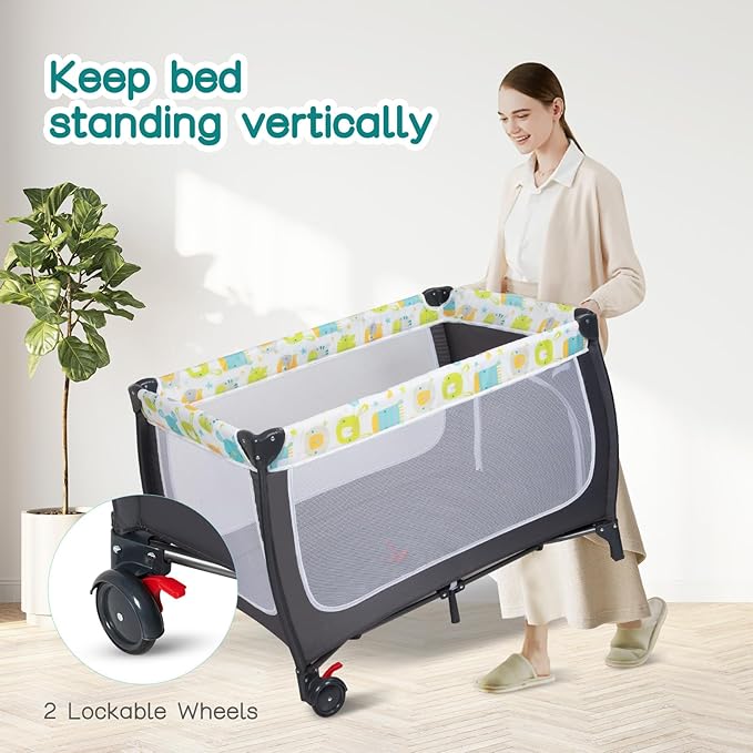 ANNA QUEEN 4 in 1 Pack and Play,Portable Baby Crib Deluxe Nursery Center, Foldable Travel Playard,Adjustable Canopy,Music Box,Changing Table for Newborn, Infant,Toddler