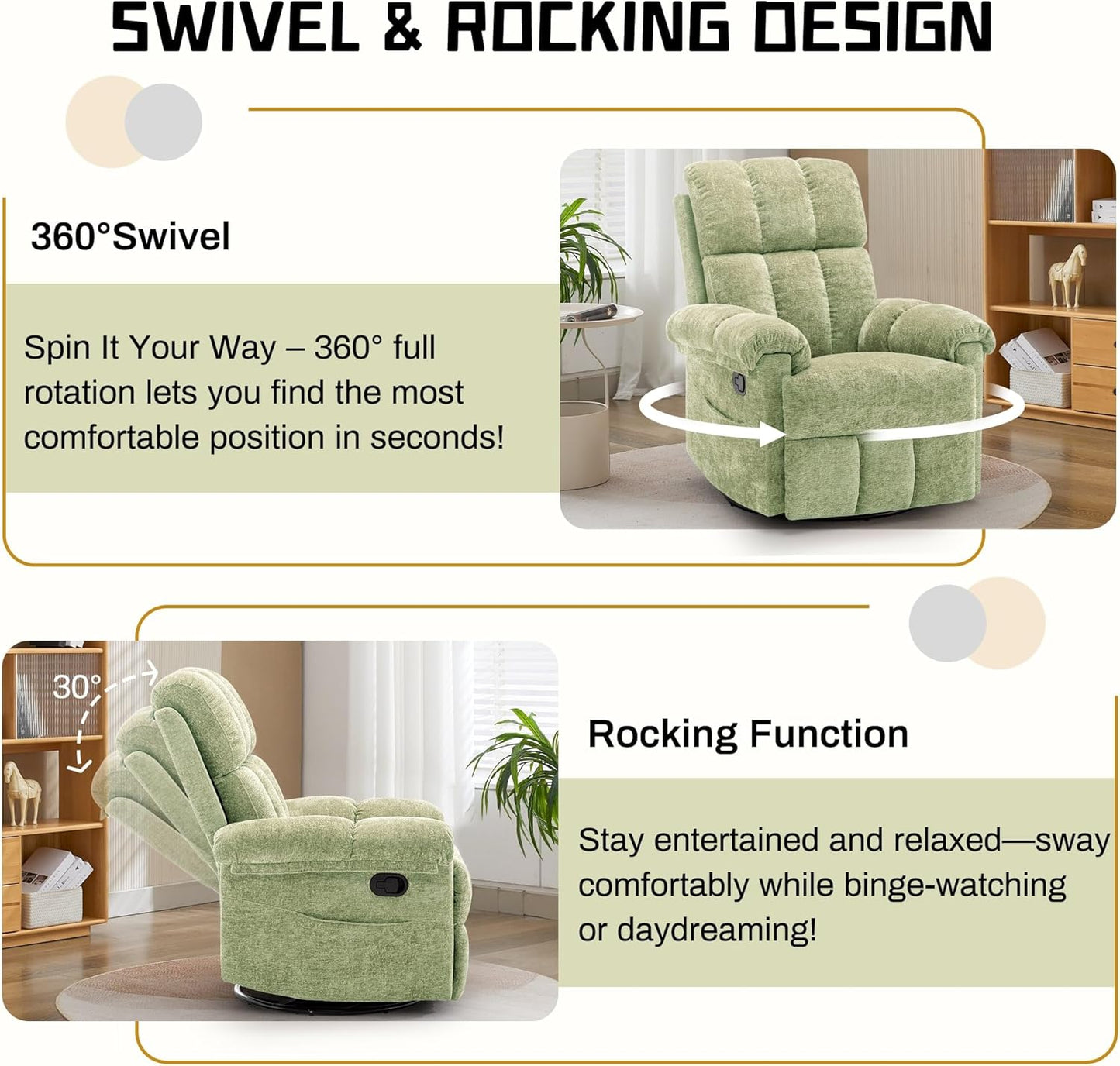 Korser Recliner Chair, Swivel Rocker Recliner Chair for Adults, Small Recliners for Small Spaces, Upholstered Manual Recliner with Side Pockets, Nursery Rocking Chair for Living Room, Chenille, Beige