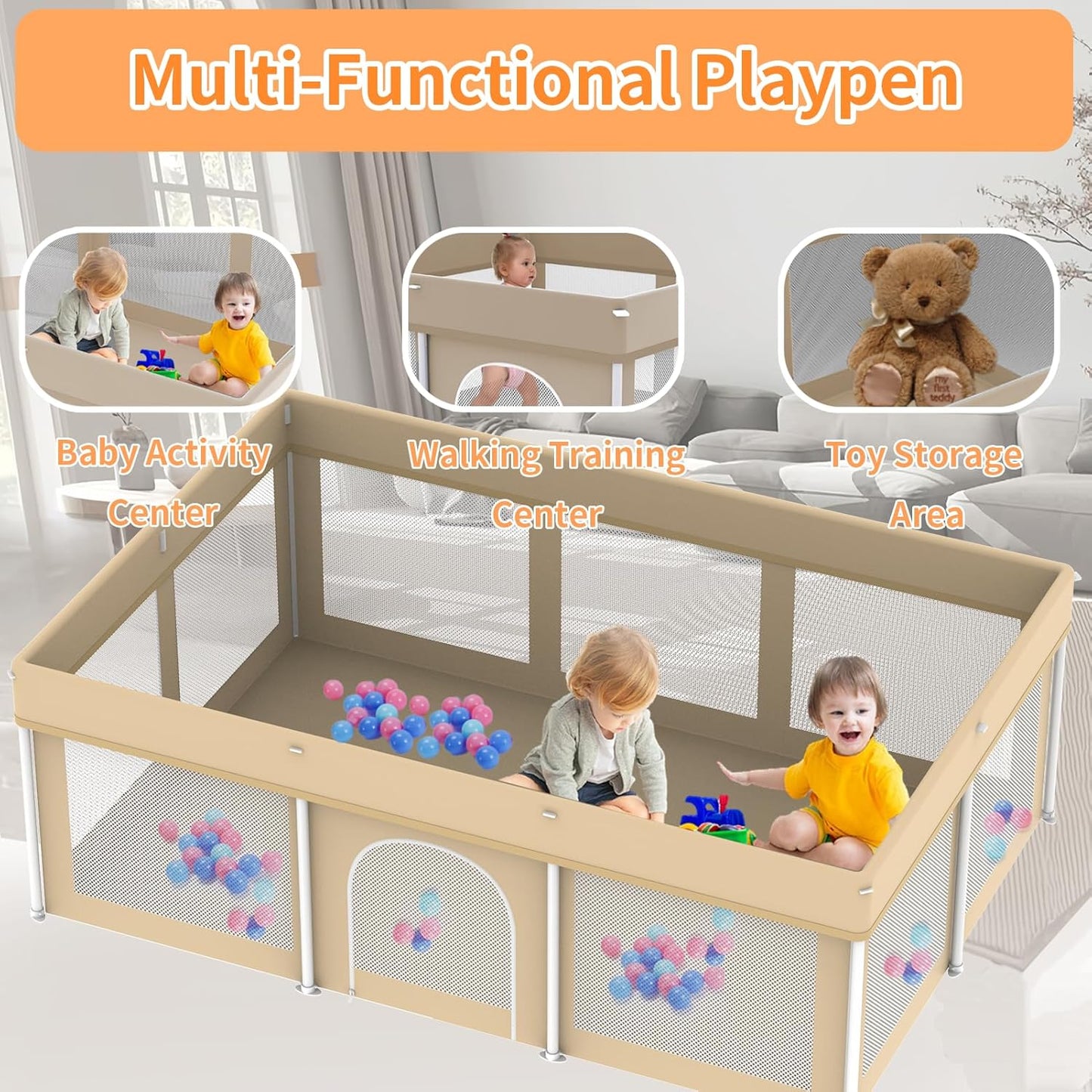 Foldable Large Baby Playpen 71"×71", Portable Playard for Babies & Toddlers, Lightweight Safety Baby Fence, No Installation, Indoor & Outdoor Playpen with 150 Ocean Balls, Beige