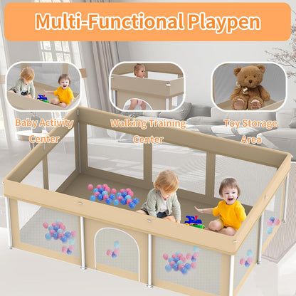 Foldable Large Baby Playpen 71"×71", Portable Playard for Babies & Toddlers, Lightweight Safety Baby Fence, No Installation, Indoor & Outdoor Playpen with 150 Ocean Balls, Beige