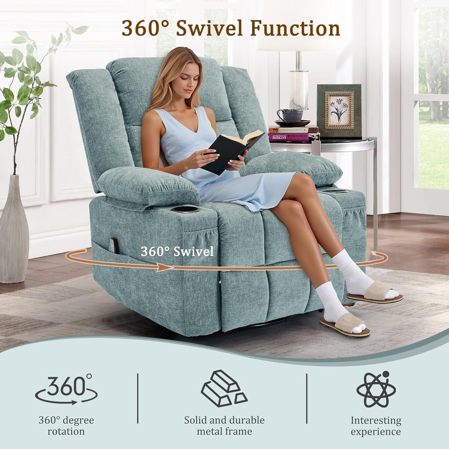 Korser 360° Swivel Rocker Recliner for Adults, Nursery Glider Recliner with Massage and Heating, Rocking Chair with Cup Holder, Manual Recliner Chair for Living Room, Bedroom (Fabric, Beige)