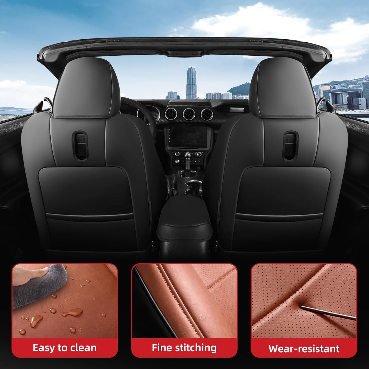 Custom Fit Ford Mustang Convertible Seat Cover 2015 2016 2017 2018 2019 2020 2021 2022 2023 2024 2025 2026, Faux Leather Car Seat Cover Full Set (Convertible-Red+Balck)
