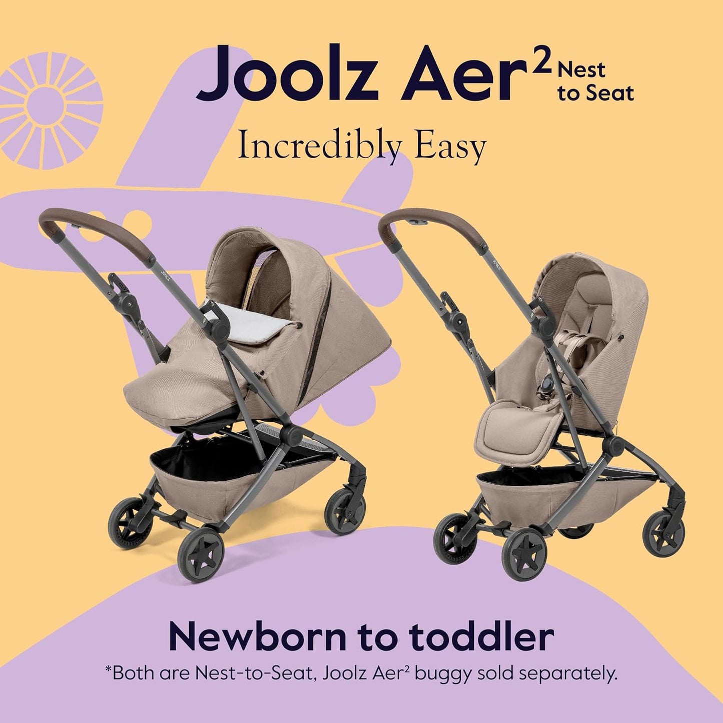 Joolz Aer2 Nest-to-Seat Accessory - Parent-Facing Compact Travel Stroller Seat for Newborn to Toddler (Up to 33 lbs) –Lightweight One-Hand Fold – Airplane Approved – Space Black (Chassis Not Included)