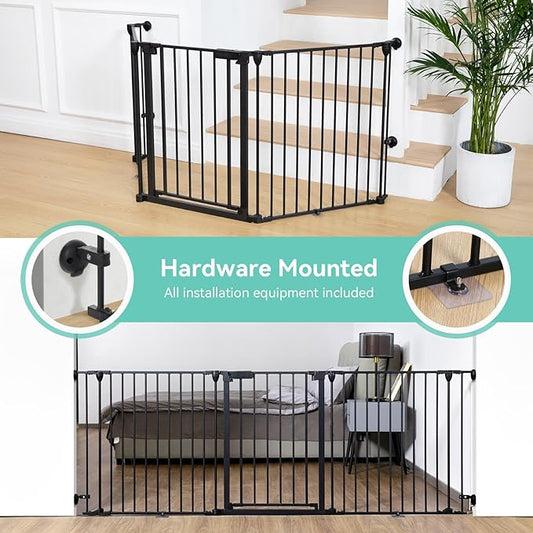 COMOMY 80" Extra Wide Baby Gate, Dog Gate for House Stairs Doorways Fireplace, Auto Close Pet Gate with Door Walk Through, 3 Metal Panels, Hardware Mounted Baby Fence Indoor Outdoor(30" Tall, Black)