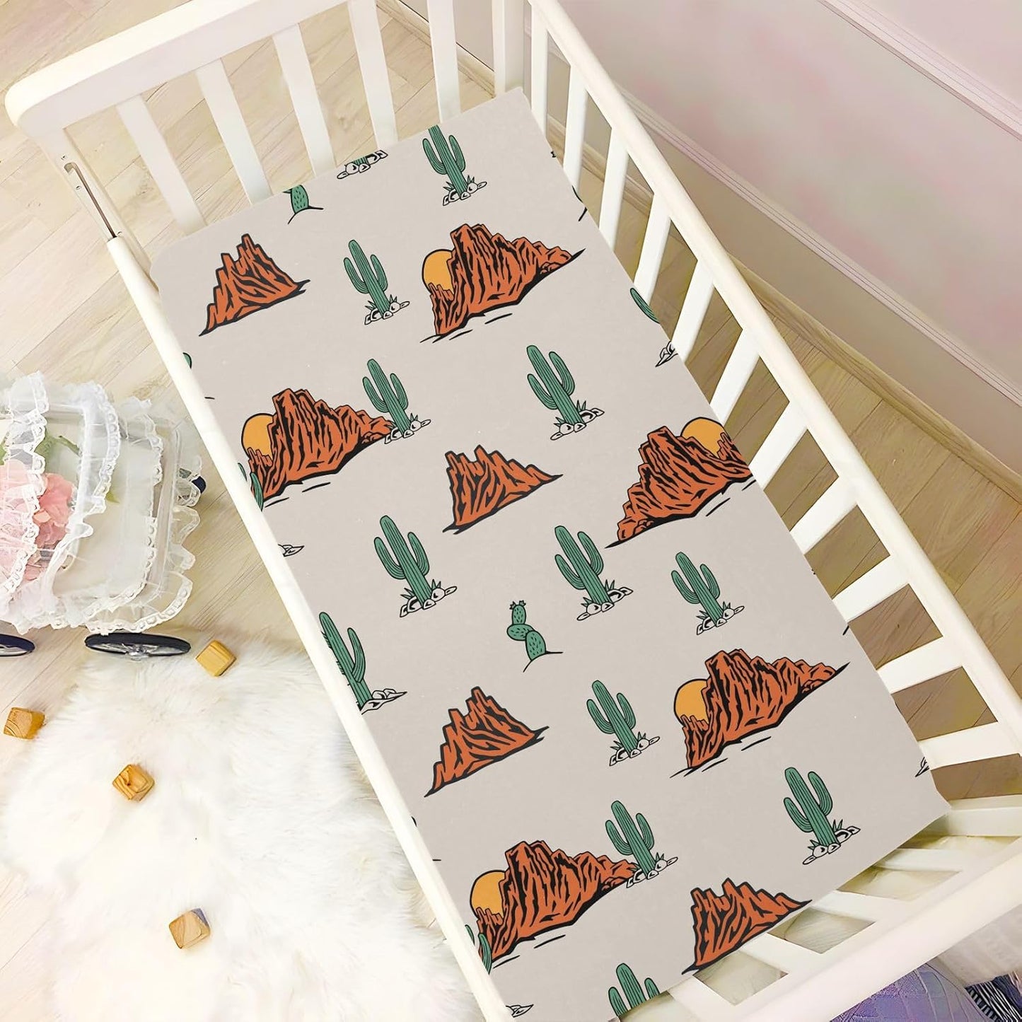 Fitted Crib Sheets Cactus and Floral Stretchy Portable Playard Sheets for Baby Toddler, Breathable Soft Mini Crib Mattress 52 x 28 in for Boys and Girls