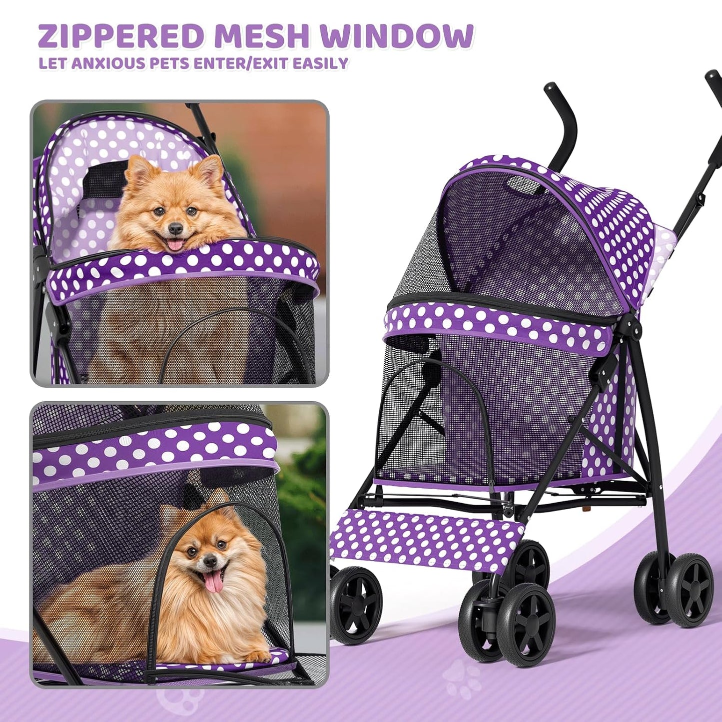 Magshion Compact Pet Stroller for Small-Medium Dogs/Cats up to 22lbs, 4-Wheel Lightweight Umbrella Shaped Portable Puppy Travel Jogger with Breathable Mesh, Cup Holder & Rear Storage, Black