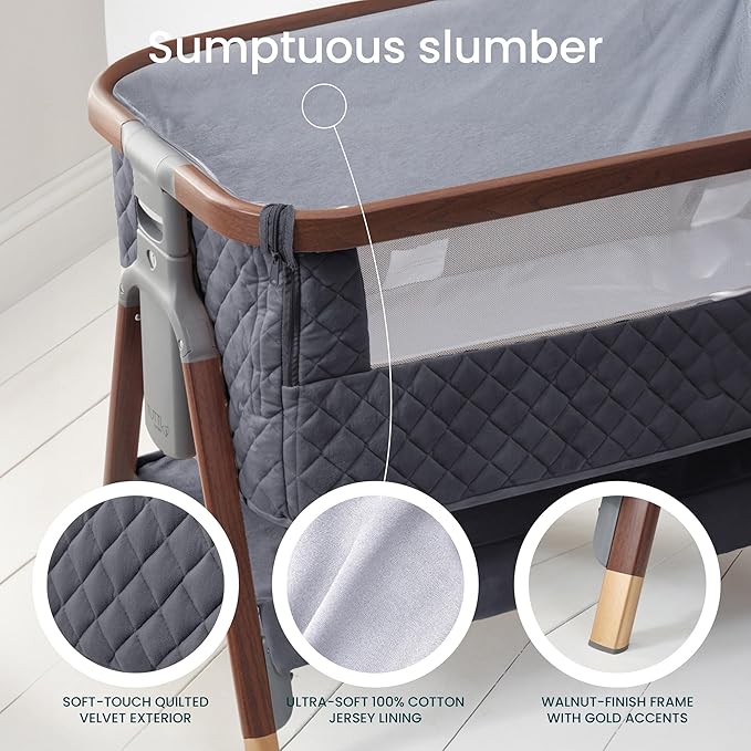 Tutti Bambini CoZee® Luxe Bedside Bassinet & Sleeper - Baby Bassinets Bedside Sleeper, Portable Crib & Adjustable Crib for Newborns, Travel Case, Must-Have Baby Essentials, 0-6 Months (Walnut/Slate)