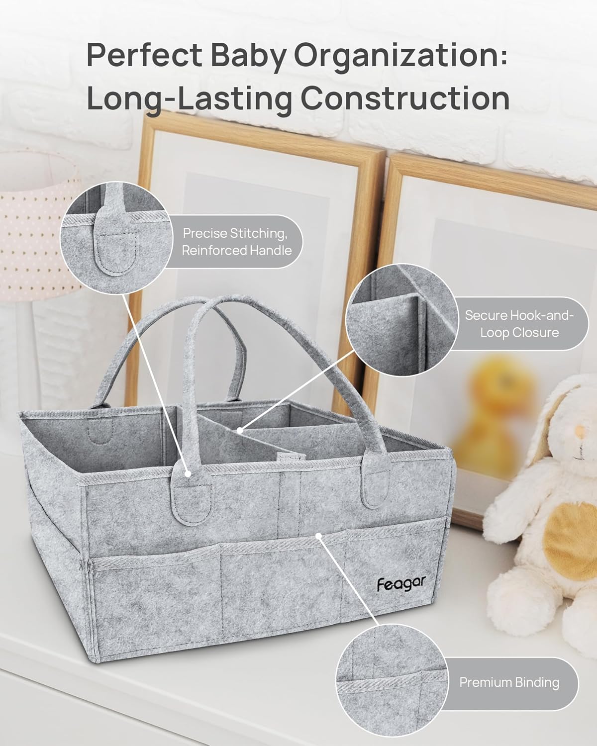 Feagar Baby Diaper Caddy Organizer, 15 Inch Large 2 Pack Set with 8 Pockets & 2 Dividers, Portable Nursery Storage Basket & Car Organizer for Changing Table, Travel (Pink)