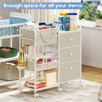 Cidaziya 2In1 Baby Diaper Caddy Organizer and Storage, 3 Tier Rolling Cart with Drawer, Mobile Utility Cart Baby Dresser Clothes Organizer for Crib, Art & Craft Storage, White, 17"W x 11.42"D x 33.5"H