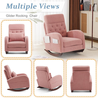 VINGLI Teddy Fleece Low Seat Rocking Chair,Boucle Upholstered Nursery Glider Chair with Side Pockets,Accent Arm Chair with High Backrest,Comfy Head Rest,Solid Wood,For Living Room Bedroom Balcony,Pink