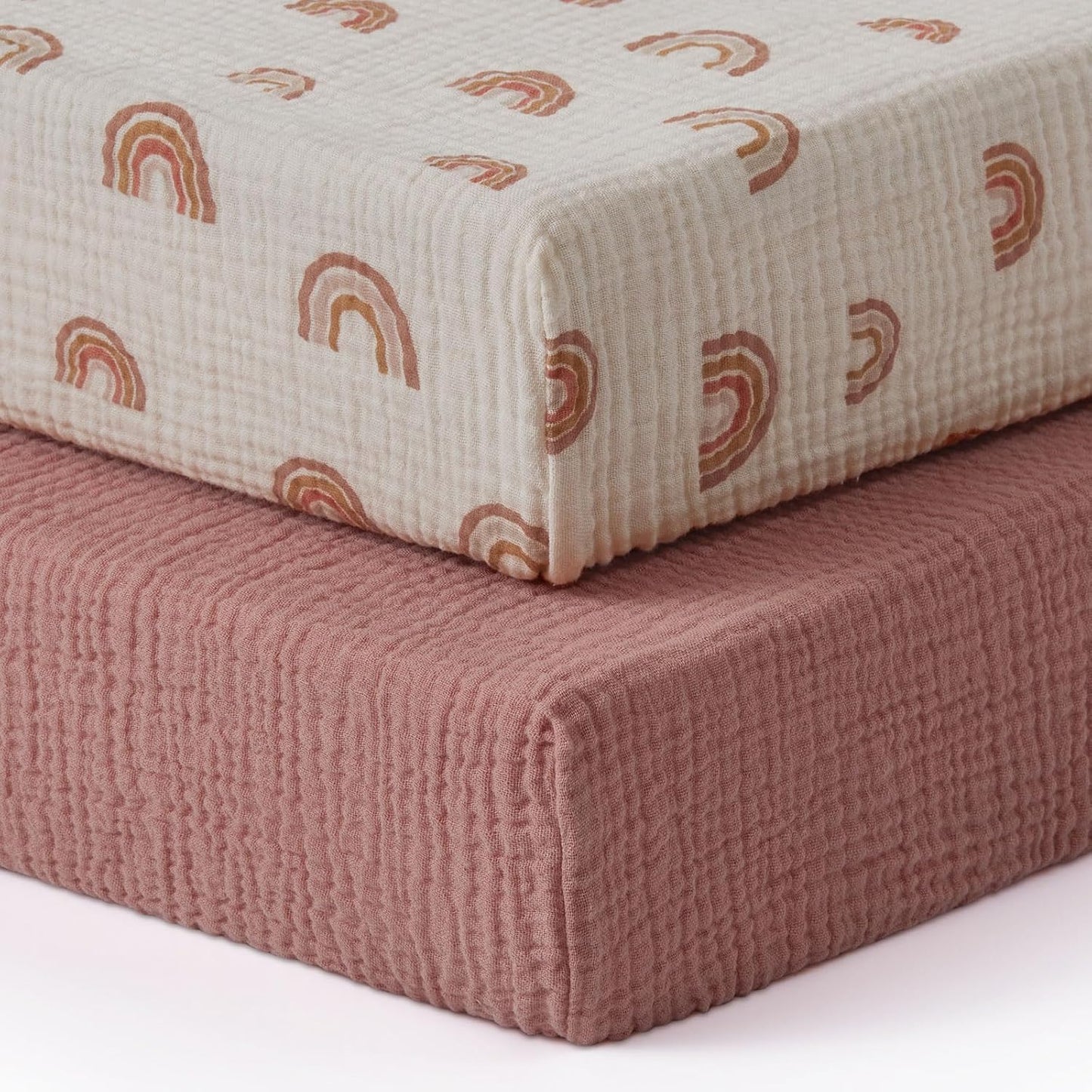 Blissful Diary Muslin Bassinet Sheets for Baby Girls Boys, Boho Soft Cotton Fitted for Oval Hourglass Rectangle Mattress, 2 Pack(Sunshine&Brown)