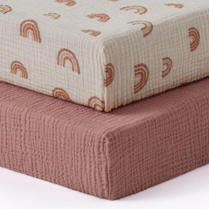 Blissful Diary Muslin Bassinet Sheets for Baby Girls Boys, Boho Soft Cotton Fitted for Oval Hourglass Rectangle Mattress, 2 Pack(Sunshine&Brown)