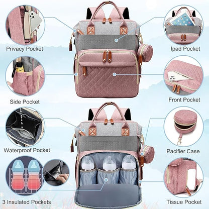 SHITIESHOU Diaper Bag Backpack Baby Bag, Baby Girl Boy Diaper Bag for Dad Mom with Pad, 16 Pockets, Pacifier Case, Large Diaper Bags Unisex for Travel(Pink Grey)
