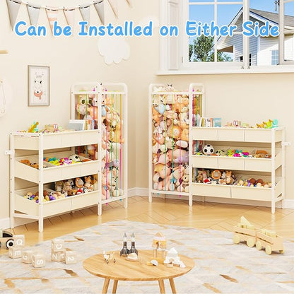 B6 Toy Storage Organizer with Stuffed Animal Storage, 3-Tier Wooden Shelves and 8 Bins, Toy Shelf Organizer, Kids Bookshelf and Toy Storage for Kids Room, Bedroom, Playroom, Nursery, White