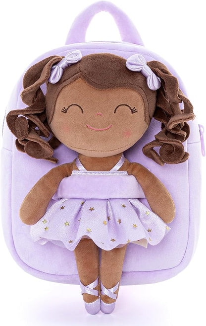 Gloveleya Toddler Backpack Baby Ballerina Girl Gifts Plush Curly Hair Ballet Backpack - Black Purple 9 inches