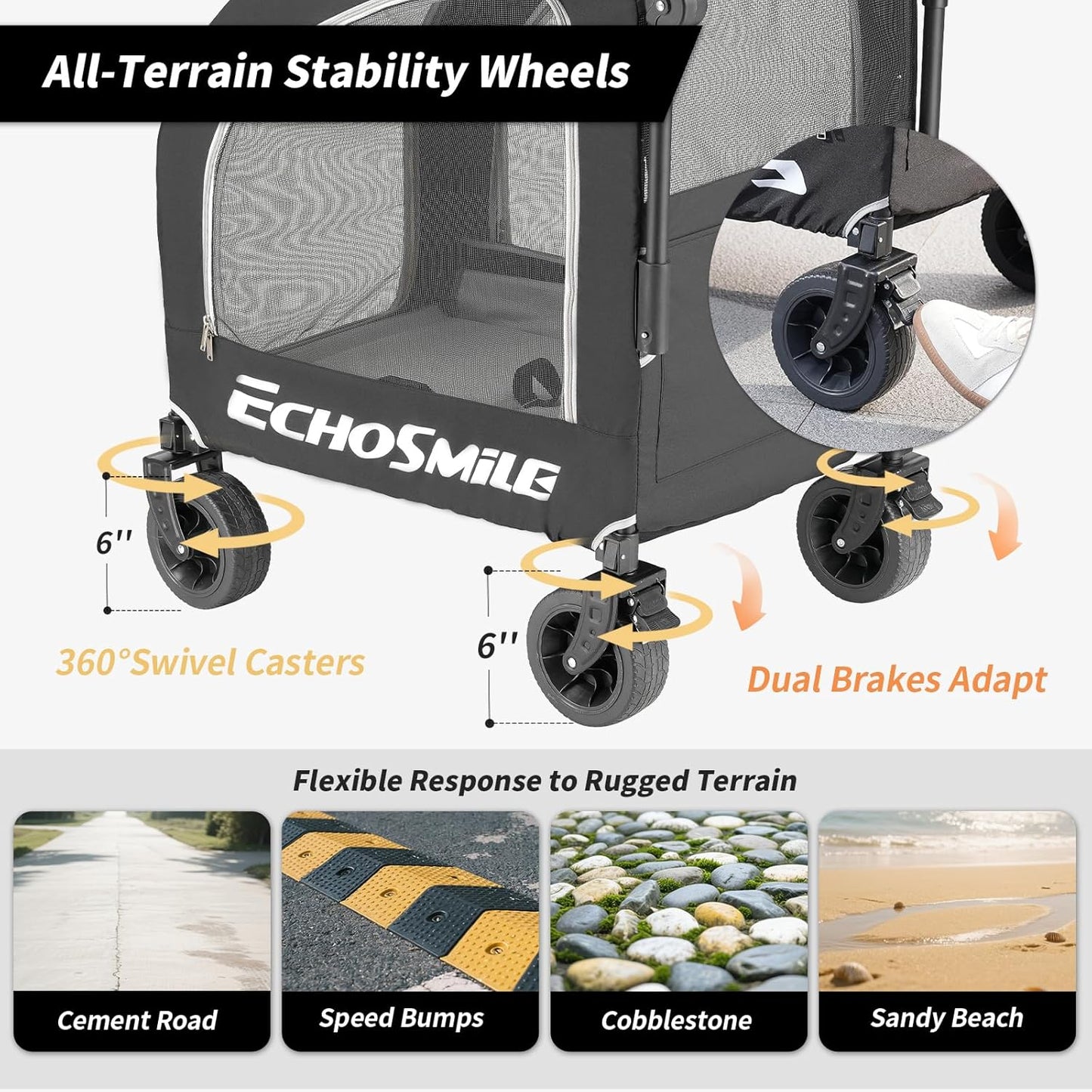 EchoSmile 4 Wheels Pet Stroller, Dog & Cat Stroller for All-Season, Lightweight Carrier with Storage Basket, Adjustable Handle, Removable Pad, Breathable Mesh, Up to 135 lbs, Grey