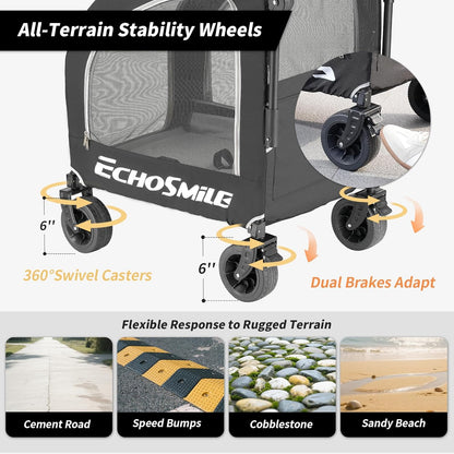 EchoSmile 4 Wheels Pet Stroller, Dog & Cat Stroller for All-Season, Lightweight Carrier with Storage Basket, Adjustable Handle, Removable Pad, Breathable Mesh, Up to 135 lbs, Grey