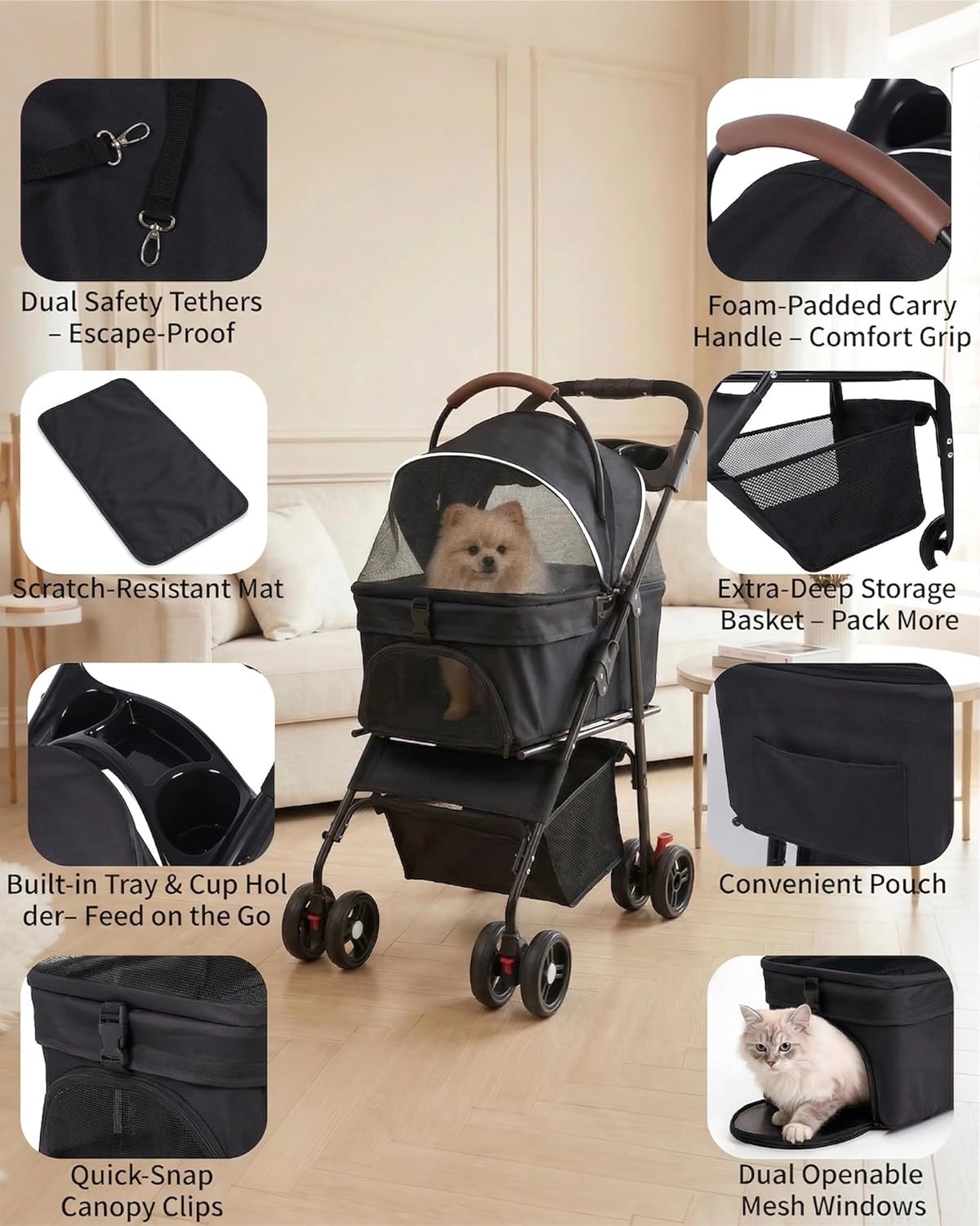 Pet Stroller with Removable Carrier, 35lbs Capacity - One-Click Foldable Dog Stroller, Cat Carrier & All-Terrain Wheels, Compact Travel Pet Stroller for Small to Medium Pets-Gray