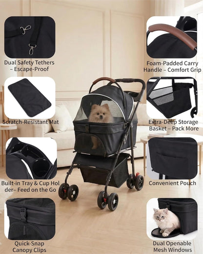 Pet Stroller with Removable Carrier, 35lbs Capacity - One-Click Foldable Dog Stroller, Cat Carrier & All-Terrain Wheels, Compact Travel Pet Stroller for Small to Medium Pets-Gray