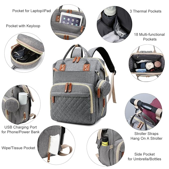 Awanhe Diaper Bag, Backpack with Changing Station, Waterproof Baby Bag for Boys & Girls, USB Charging Port for Parents, Travel Backpack Baby Essentials & Lovely Baby Shower Gifts, Grey