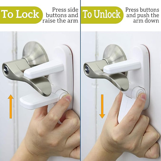 Door Lever Lock (3 Pack) Prevents Toddlers from Opening Doors. 3.25" L * 1.5" W * 4.5" H Easy One Hand Operation for Adults. Durable ABS with 3M Adhesive Backing. Simple Install, No Tools Needed.