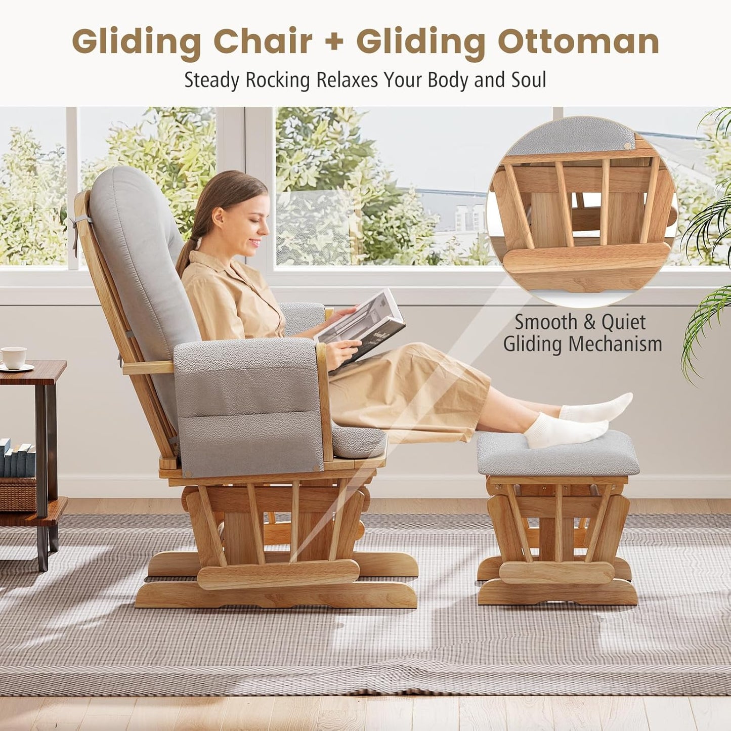 Costzon Nursery Glider with Ottoman, Upholstered Comfort Glider Rocker with Padded Cushion, Storage Pocket, Solid Wood Base, Rocking Chair Nursery for Breastfeeding, Napping (Light Gray)