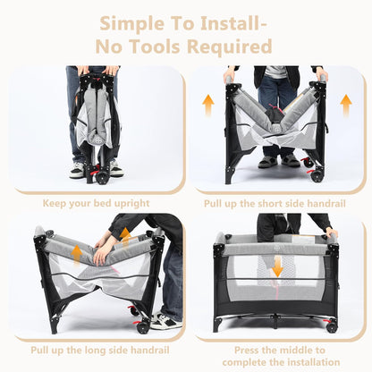 Kinder King 4 in 1 Portable Baby Playard, Foldable Baby Bedside Crib w/Bassinet, Infant Pack and Play Playard Toddler Large Playpen, Newborn Changing Table, Storage Basket, Grey